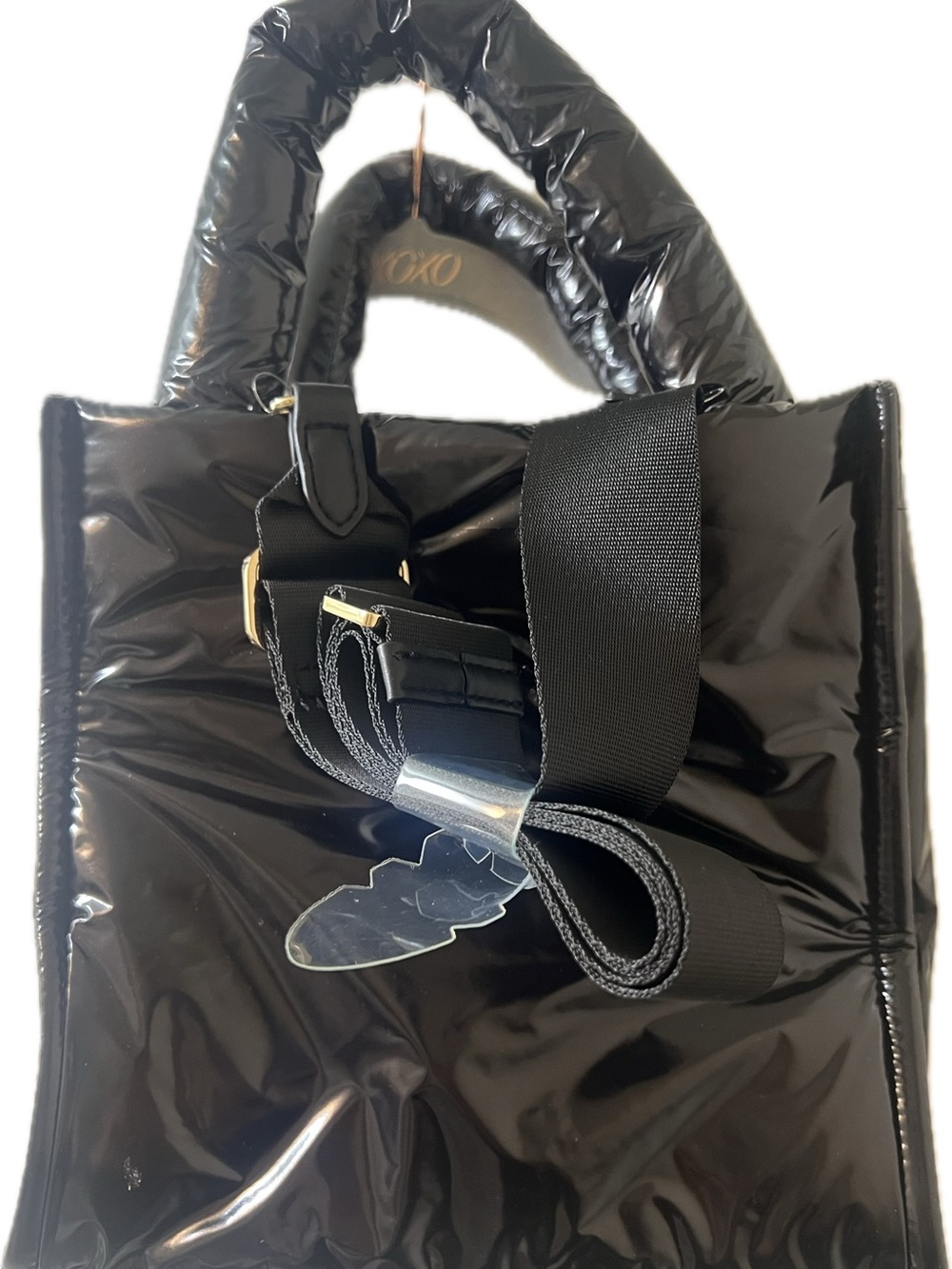 Black Patent Puffer Tote Bag with Detachable Strap